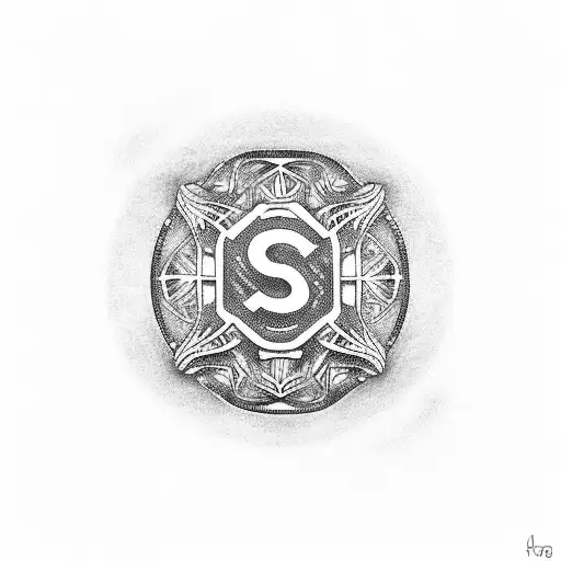 A Dotwork Tattoo Of A Dollar Sign Incorporated Into The Design Of A Car Steering Wheel