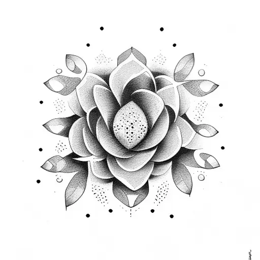 A Dotwork Tattoo Of A Creative Scene With Flowers And Geometric Shapes