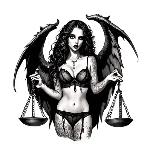 Scary Girl In Sexy Lingerie With Demon Wings Holds Scales Of Justice
