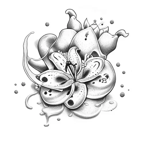 A Dotwork Tattoo Of A Lily Flower Surrounded By Deep Sea Fishes