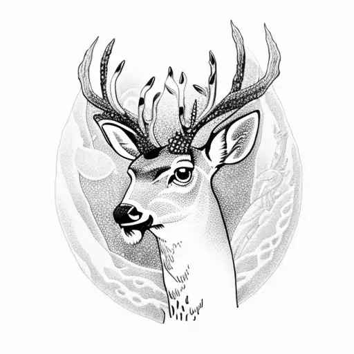 A Dotwork Tattoo Of A Majestic Deer With A Fish Jumping Out Of The Water In The Background