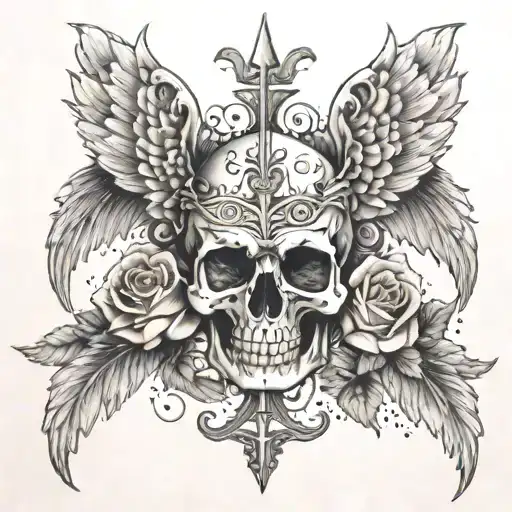 Angel Wing Cross Skull Roses Intertwined