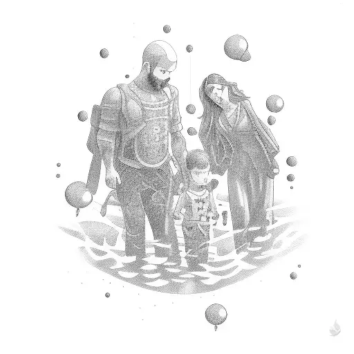 A Dotwork Tattoo Of A Father And His Children Bonding Over A Shared Hobby Or Interest