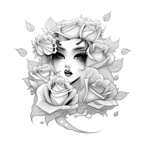 Beautiful Geisha Girl With Roses