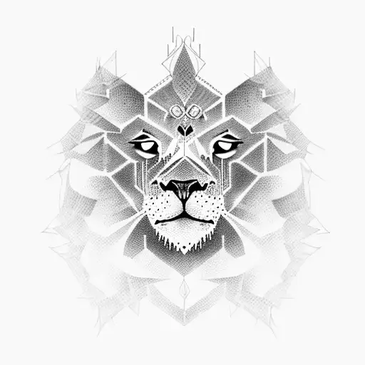 A Detailed Dotwork Portrait Of A Lion And Owl Intertwined