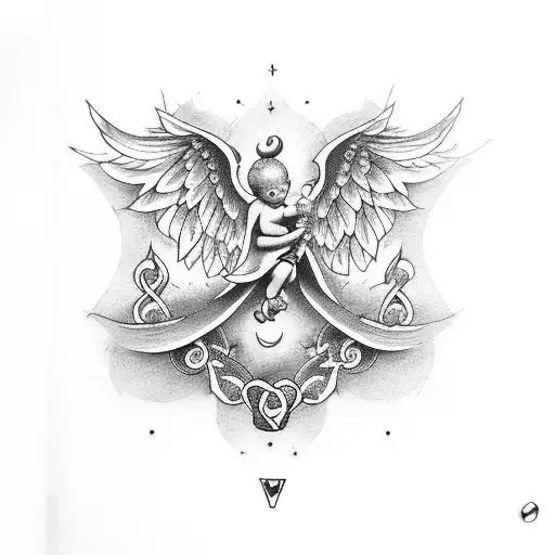 A Detailed Tattoo Of A Cherub Playing Dice With Intricate Renaissance Patterns