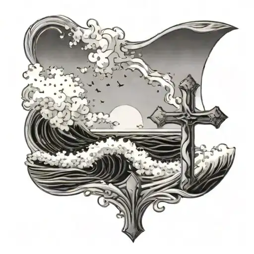 A Beach Scene With Waves Crashing Against A Cross Symbolizing Faith