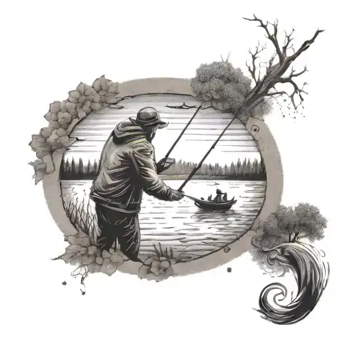 A Fisherman Casting A Line Into A Serene Lake With A Bible Verse Incorporated Into The Design