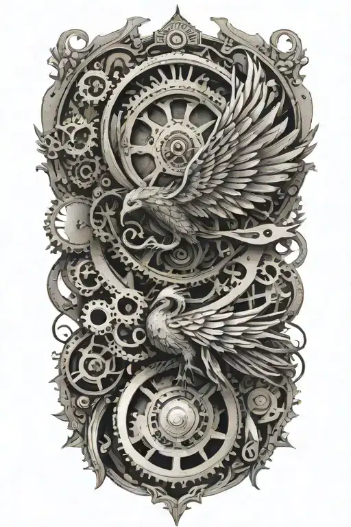 An Intricate Clockwork Design With A Phoenix Rising From The Gears