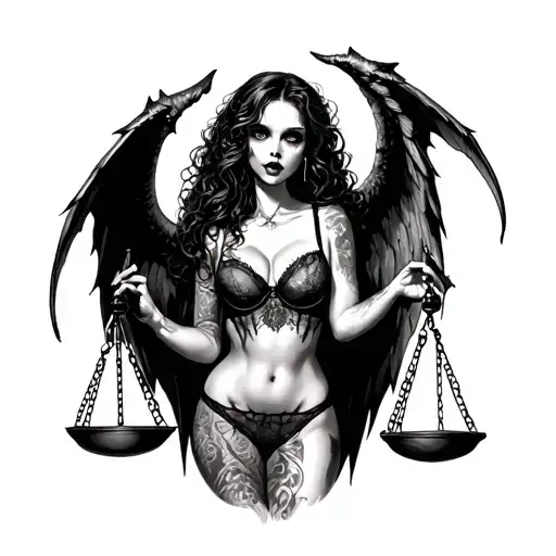 Scary Girl In Sexy Lingerie With Demon Wings Holds Scales Of Justice