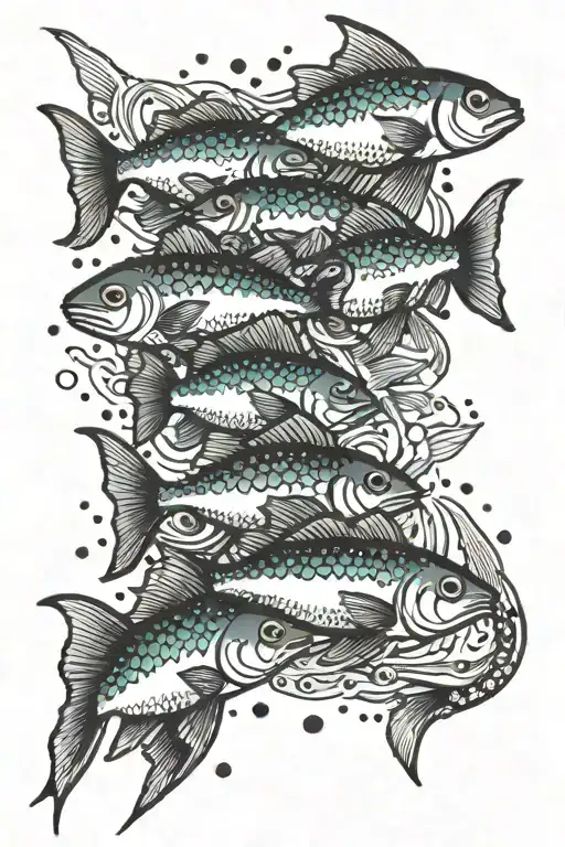 A Traditional Tattoo Of A School Of Neon-colored Fish Swimming In Space