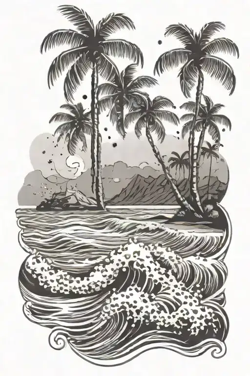 A Detailed Beach Landscape With Palm Trees And Waves Crashing On The Shore
