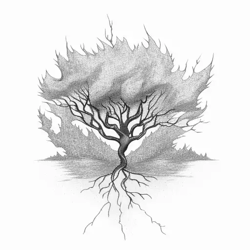 Tree On Fire With Lightning Hitting It