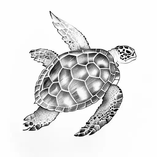 Sea Turtle With Front Paw Turning Into Wings From The Middle