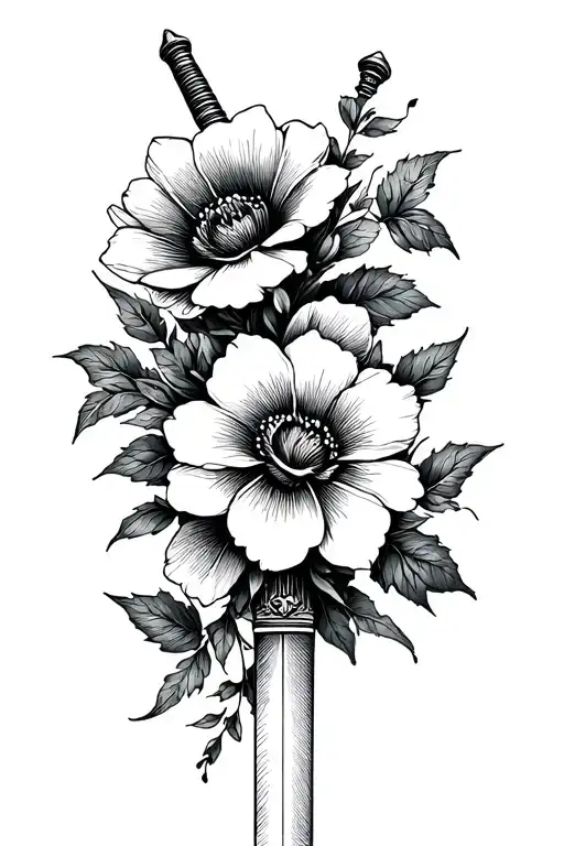 A Minimalist Design Of The Beauty And The Beast Flower Intertwined With A Katana