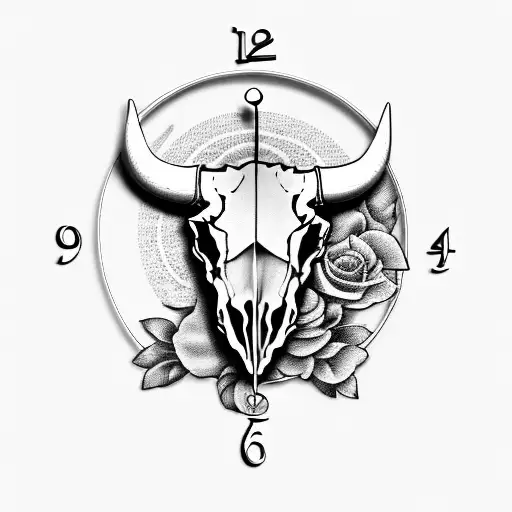 Bull Skull With Clock And Roses