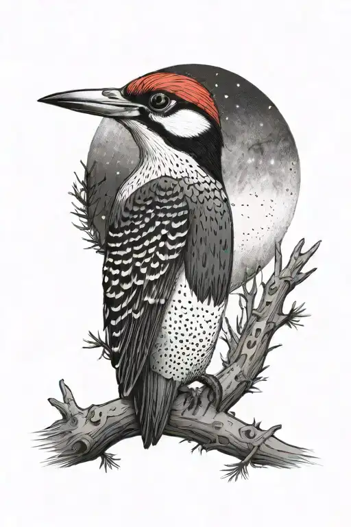 Woodpecker In Forest With Moon