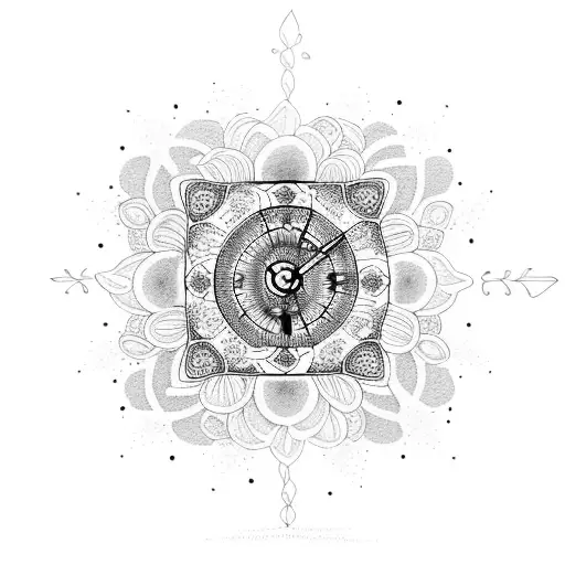 A Dotwork Tattoo Of A Mid-century Modern Clock Tower Surrounded By Vibrant Floral Patterns