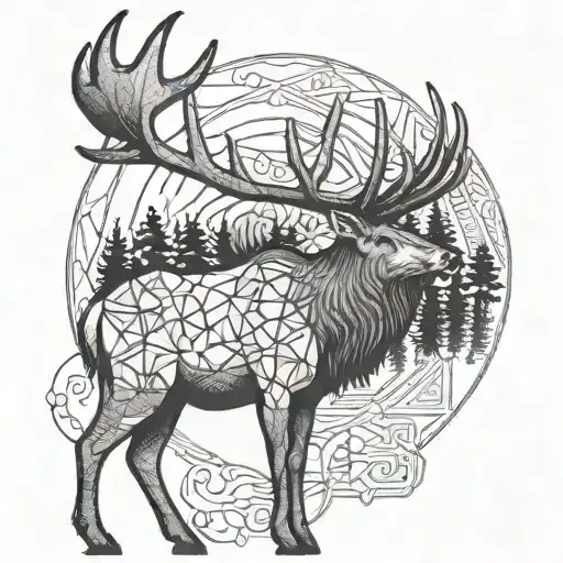 A Majestic Elk Standing In A Colorado Forest With Intricate Geometric Patterns In The Background