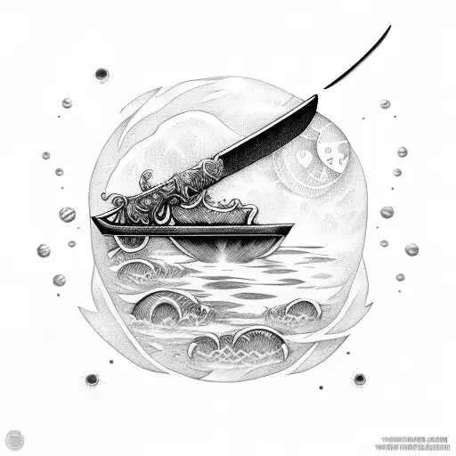 Sword Half Way In The Water With A Moon In The Background Or Behind It