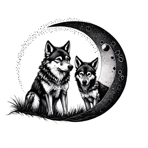 Dad And Baby Wolves And A Moon