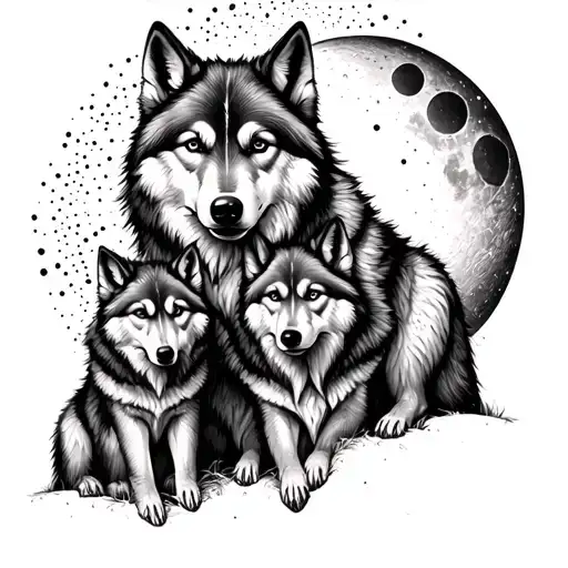 Dad And Baby Wolves And A Moon Surrounded
