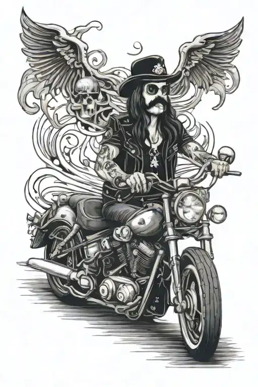 Lemmy From Motorhead As A Skeleton With A Motorcycle