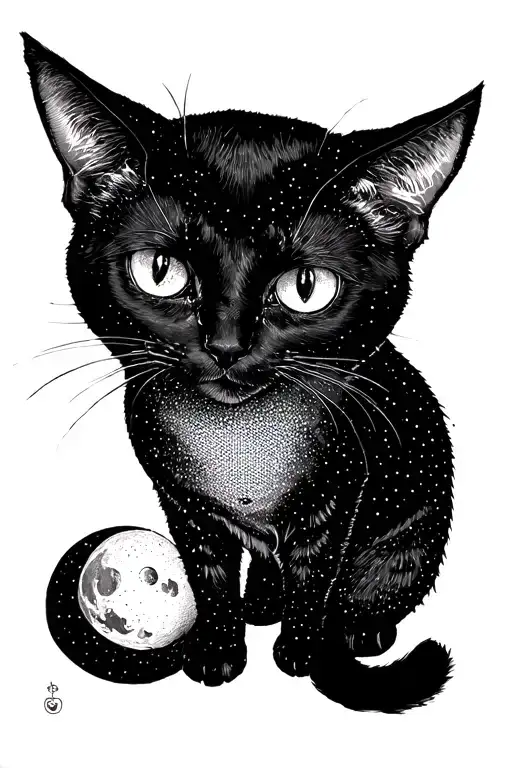 Black Cat Sitting On A Lune Et Soliel