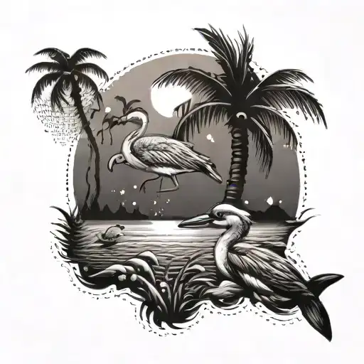 Beach Palm Trees Flamingo And A Dolphin Swimming