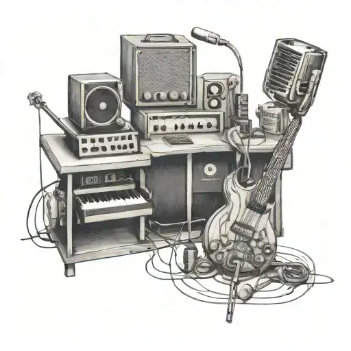 An Intricate Tattoo Design Of A Music Studio Setup With Various Instruments And Recording Equipment