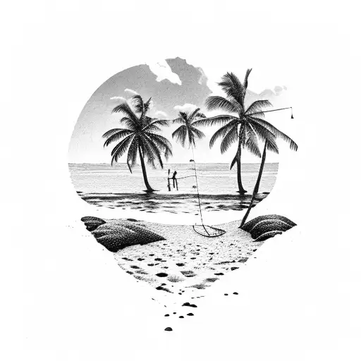 A Serene Beach Scene With Palm Trees And A Fishing Rod Casting Its Line Into The Calm Ocean