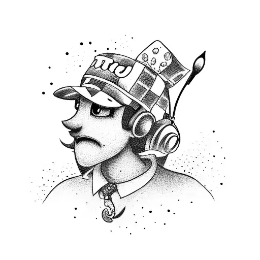 A Dotwork Tattoo Of Timmy Turner Driving A Car With Music Notes Trailing Behind