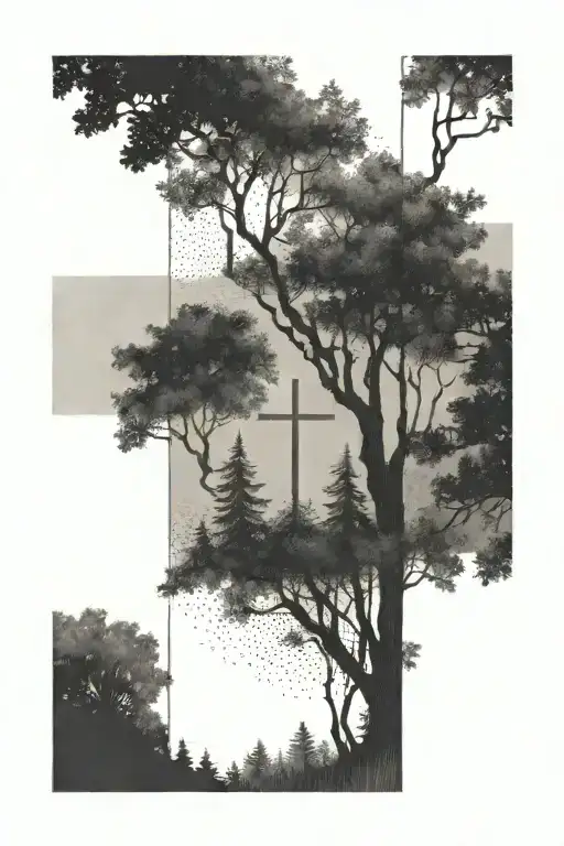 A Serene Forest With A Hidden Cross Among The Trees