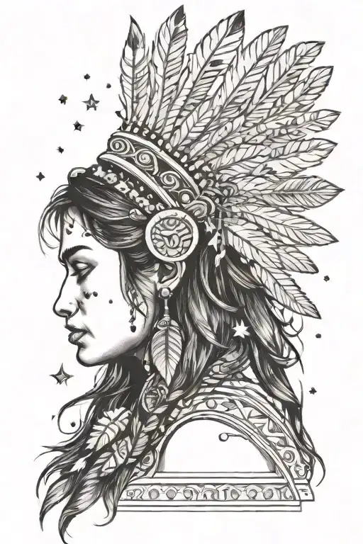 Red Indian Girl Side Profile Looking At A Bear With 5 Feathers Swirling And 5 Stars Above