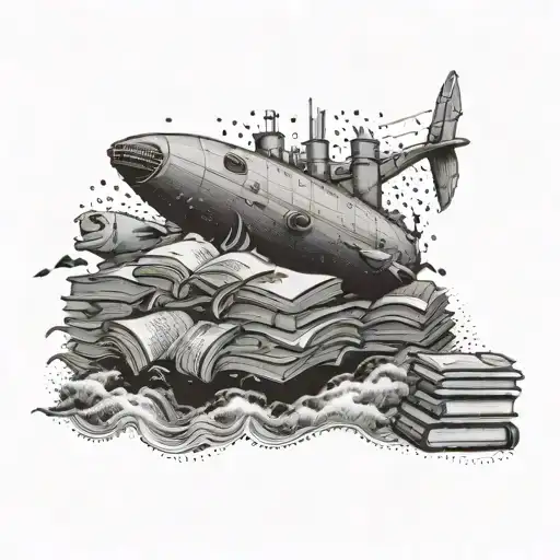 A Submarine Sailing Through A Sea Of Books With A Horse On Deck