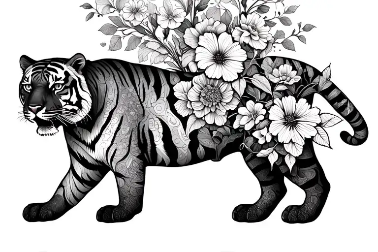 Tiger With Flowers Walking Down