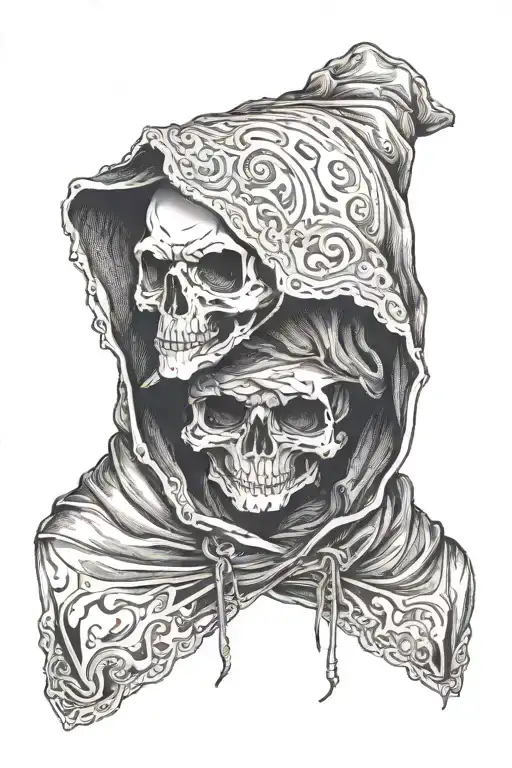 Skull In A Hood Holds A Mask In His Hand