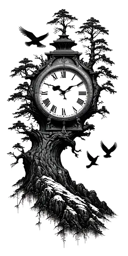 Moutains Tree Clock Birds Flying