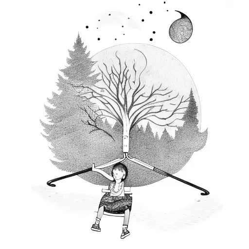 Girl On Playground Swing With Tree And Moon