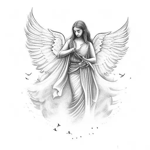 Angel With Wings And Gloria With An Semicolon As A Background Having Bird Flying From The Semicolon