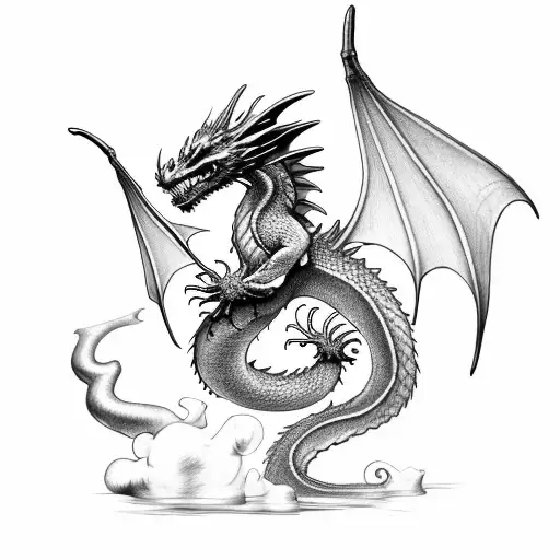 Small Dragon With Open Wings And Fire