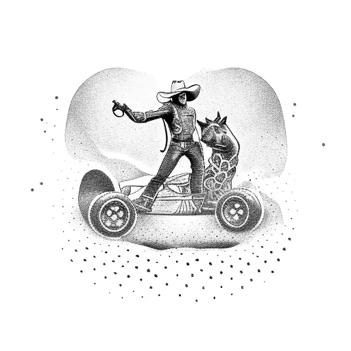 A Dotwork Illustration Of A Cowboy Riding An F1 Car Through A Desert