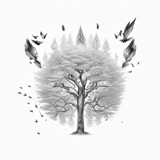 Tree Whose Leaves Are Falling And A Bird Sitting On The Branch And Other Birds Flying