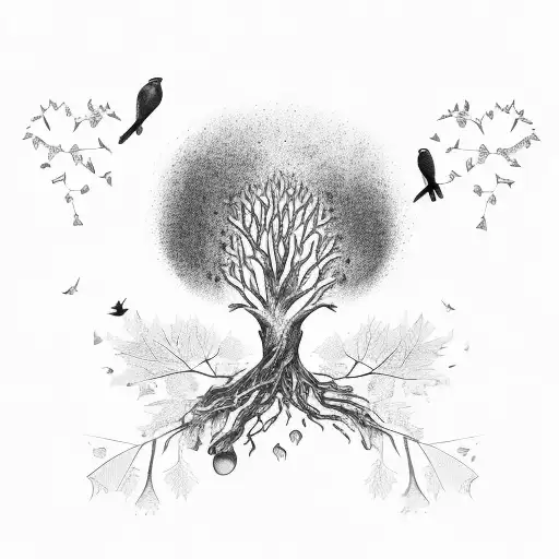 Tree Whose Leaves Are Falling And A Bird Sitting On The Branch And Other Birds Flying