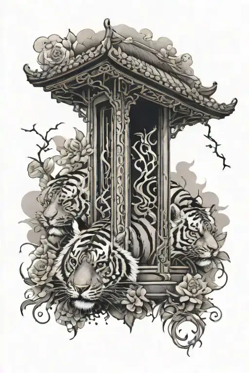 Tiger Sleeve Tattoo Featuring Eyes And Chinese Temple