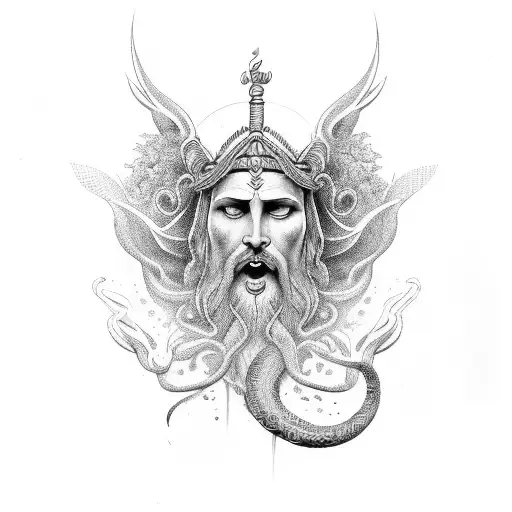 Mythological God Unites With Fine Lines And Nature