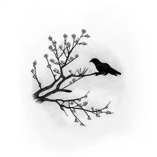 A Minimalist Black And Pink Tattoo Of A Crow Perched On A Sakura Tree Branch