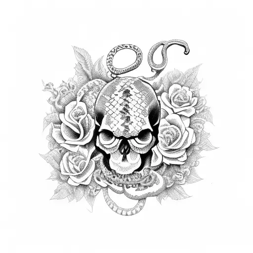 Human Skull With Snake Surrounded By Flowers