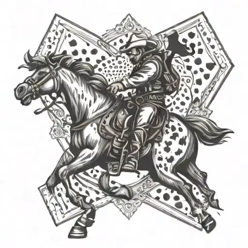 An Intricate Dotwork Design Of A Cowboy Riding A Bucking Bronco With Aces Cards Flying Around Them