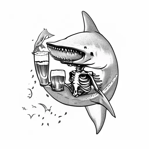 Skeleton Drinking A Beer While Riding A Shark W